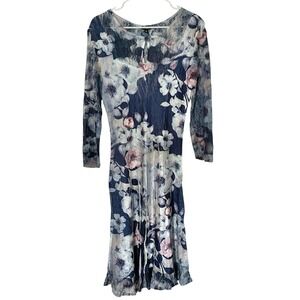 Komarov Dress XL Midi Blue Floral Crinkle Keyhole Neck 3/4 Sleeve Lace Fit Flare